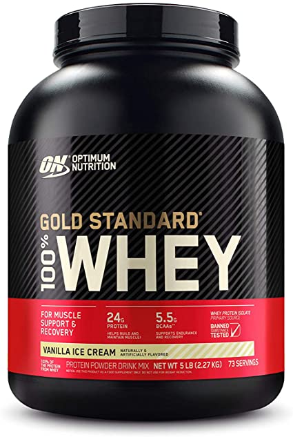 Optimum Nutrition Gold Standard 100% Whey Protein Powder, Vanilla Ice Cream, 5 Pound (Packaging May Vary)