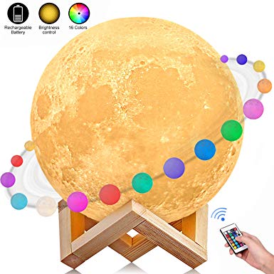 AGM Moon Lamp, Dimmable LED Moon Light 3D Printing 16 Colors Remote & Touch Control 15cm Night Mood Light with Wooden Holder for Children's Room Bedroom Cafe Bar Dining Room
