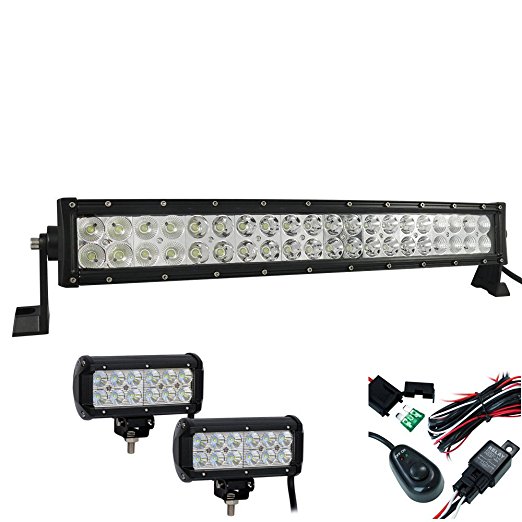 EasyNew® 32" 180W 10-30V Curved LED Light Bar IP68 Waterproof Flood Spot Combo Beam for Offroad SUV UTE ATV Truck with 2PCS 7" 36W Flood LED work lights and Wiring Harness and Mounts