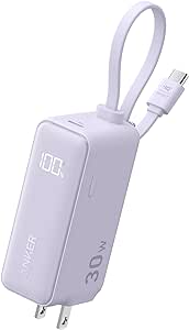 Anker Power Bank USB C Charger Block, 3-in-1 5,000mAh Portable Charger with Built-in USB-C Cable and Foldable AC Plug, 30W Max Compact Battery Pack, for iPhone 15 Series, Galaxy, MacBook, and More