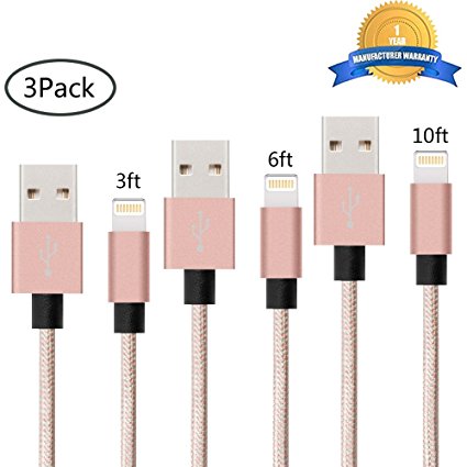 iPhone Cable SGIN - 3Pack 3FT 6FT 10FT Nylon Braided Cord Lightning to USB iPhone Charging Charger for iPhone 7,7 Plus,6S,6 Plus,SE,5S,5,iPad,iPod Nano 7(Rose Gold)