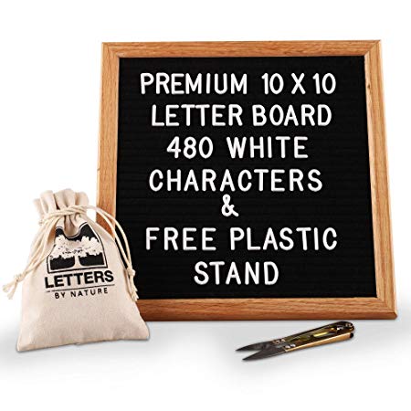 Black Felt Letter Board 10x10 Inches, Changeable Letter Board with 480 White Plastic Letters,Symbols,Emoji and Numbers, Oak Wood Frame with Stand,Letter Sign with Mounting Hook,Canvas Bag and Scissors