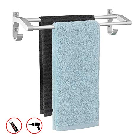 MaidMAX Double Towel Rail Wall Mounted, Towel Bar Rack Aluminum Adhesive Towel Holder with Hooks for Bathroom or Kitchen, No Drilling, 40.5cm