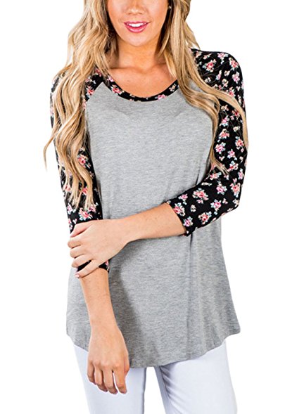 FARYSAYS Women's Casual 3 4 Sleeve Floral Print Crew Neck Blouses Tops and Shirts (S-XXL)