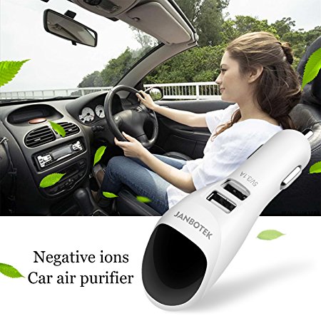 JANBOTEK Car Air Purifier, Ionic Air Cleaner Ionizer with 2 Smart USB Port Smart Car Charger - Removes Smoke, Bad Smell and Odors Eliminator (White)