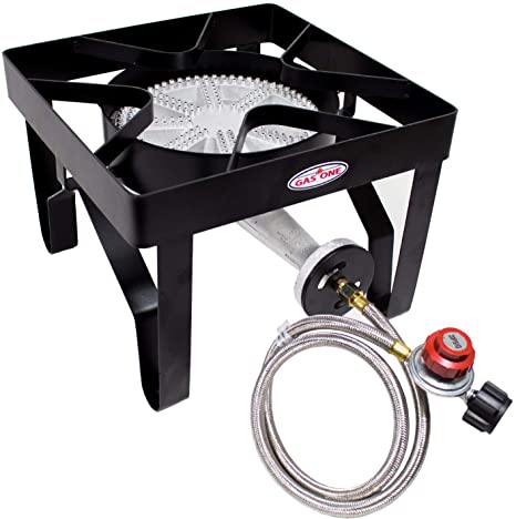 Gas ONE 200,000 BTU Square Propane Burner Outdoor Stove Propane Gas Cooker with Adjustable 0-20PSI Regulator and Steel Braided Hose Perfect for Home Brewing, Turkey Fry, Maple Syrup Prep (Renewed)