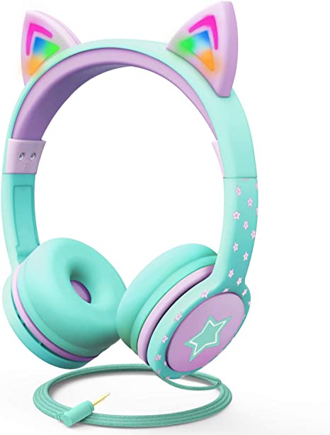 FosPower Kids Headphones with LED Light Up Cat Ears 3.5mm On Ear Audio Headphones for Kids with Laced Tangle Free Cable (Max 85dB) - Teal/Light Purple