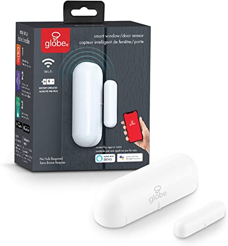 Globe Electric Wi-Fi Smart Door and Window Sensor, No Hub Required, Voice Activated, Battery Operated, White (50274)