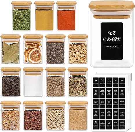 ComSaf 16Pcs Glass Spice Jars with Bamboo Lid, 6oz Airtight Square Spice Containers with 275 Black Lables, Empty Seasoning Jars for Spice Salt Sugar