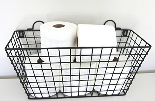 Multi Functional Black Metal Long Wire Wall Hanging Basket Bathroom Toilet Tissue Paper Roll Storage Holder