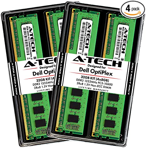 A-Tech 32GB Max RAM Kit for Dell OptiPlex 9010, 7010, 990, 790, MT/DT/SFF - (4 x 8GB) DDR3 1333MHz PC3-10600 Non-ECC DIMM Memory Upgrade