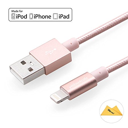 [Apple MFi Certified] Yellowknife High Quality 3.3ft/1m Metal Nylon Fabric Braided Sync Charge Lightning Cable Cord for iPhone 7 / 7 Plus / 6 / 6s / 6 Plus / 6s Plus, iPhone 5s / 5c / 5, iPad 4 / Mini / Air, iPod Touch 5th Gen, Nano 7th Gen (Durable-Extra Strong, Tangle Free) Pink