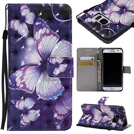 Galaxy S7 Edge Case, Ranyi [3D Pattern Wallet] [Card Holder/ID Slot] [Kickstand Feature] Luxury Premium PU Leather Flip Magnetic Wallet Folio Case for Samsung Galaxy S7 Edge (2016), purple butterfly