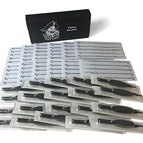 PFT (60) COUNTS OF ASSORTED PRE-STERILIZED TATTOO NEEDLES WITH MATCHING (60) BLACK RUBBER DISPOSABLE TUBES (5/8") by Pirate Face Tattoo