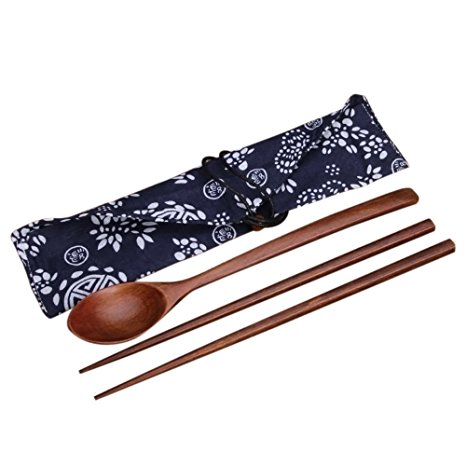 3 PCS Set Portable Chinese Wooden Chopsticks and Spoon with Cloth Pack Tableware Gift Set
