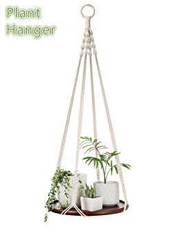Macrame Plant Hanger Shelf, Elindio Hanging Planter Indoor Decorative Pot Holder with Beautiful with Wood Plate - Boho Chic Bohemian Home Decor