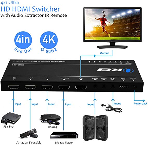 OREI Ultra HD HDMI 4 x 1 Switcher with ARC Out 18G Audio Extractor IR Remote - Supports Upto 4K @ 60Hz - (4 Input, 1 Output) Switch, Hub, Port for Cable, HD TV, Laptop, MacBook & More