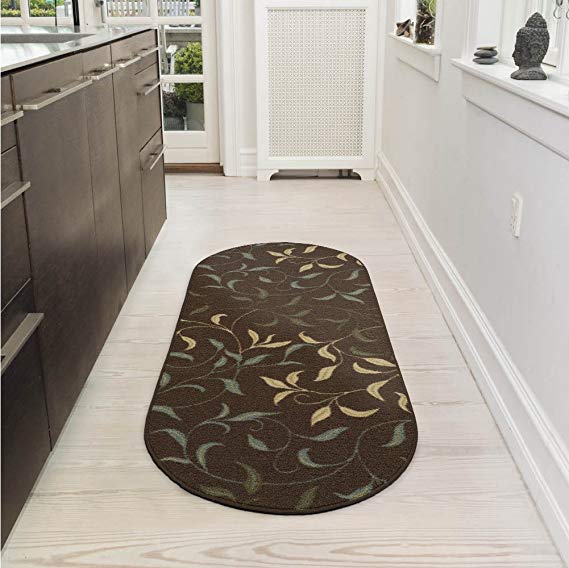 Ottomanson Ottohome Collection Contemporary Leaves Design Non-Skid Rubber Backing Modern Area Rug, 2' X 5' Oval, Chocolate Brown