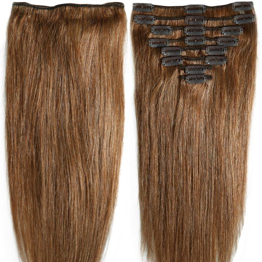 20 inch 105g Clip in Remy Human Hair Extensions Full Head 8 Pieces Set Long length Straight Very Soft Style Real Silky for Beauty #6 Light Brown