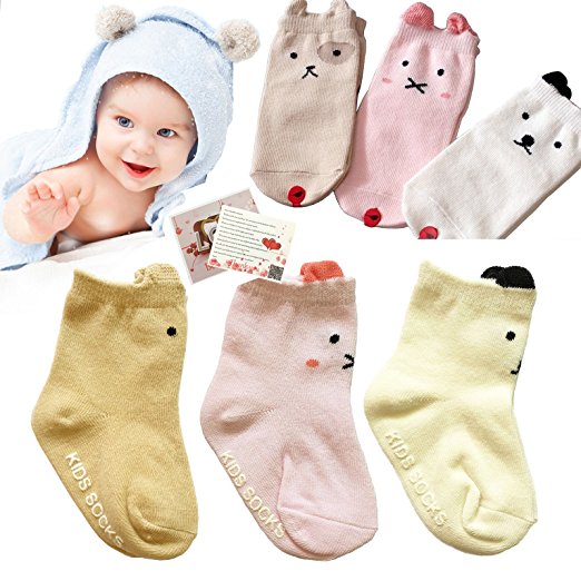 Fly-love® 3 Pairs 0-24 Months Baby Girls Animal Non-Skid Floor Infant Toddler Socks Cotton Boat Anti Slip Skid Ankle Sock