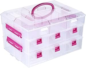 MyGift 11 Inch Clear Arts and Crafts Stackable Container, Sewing Supplies Storage Organizer Case with Pink Accents, 24 Customizable Compartments, and 6 Drawers with Removable Dividers