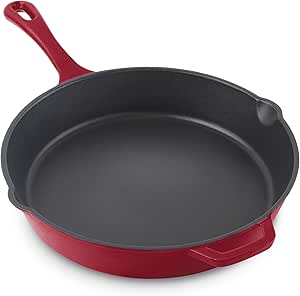 DASH Zakarian 11 Inch Small Nonstick Cast Iron Skillet with Pour Spouts for Searing, Baking, Grilling, Roasting and More - Cranberry