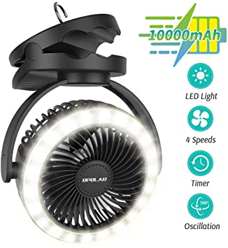 OPOLAR [2020 New Upgrade] 10000mAh Camping fans with lights Rechargeable,Clip on Fan with 22 Lamp Beads,40H Working time,2-6H Three Levels Time setting,4 Speeds Adjustment,Hanging Hook Desk Fan