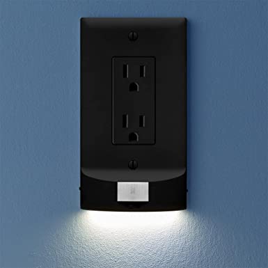 Single, SnapPower MotionLight [for Standard OUTLETS] - Motion Detecting LED Night Lights Built-in to Wall Plate - Bright/Dim/Off Options - Automatically On/Off Sensor - (Black, Decor)