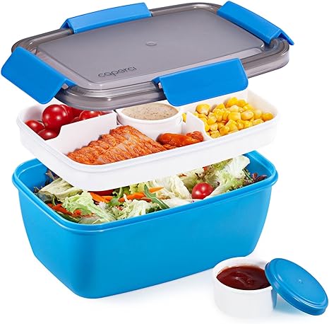 Caperci Salad Lunch Container with 68 oz Salad Bowl - Large Adult Bento Lunch Box, 5-Compartment Bento-Style Tray for Toppings, 2pcs 3-oz Sauce Cups for Dressings, Stackable, BPA-Free (Blue)