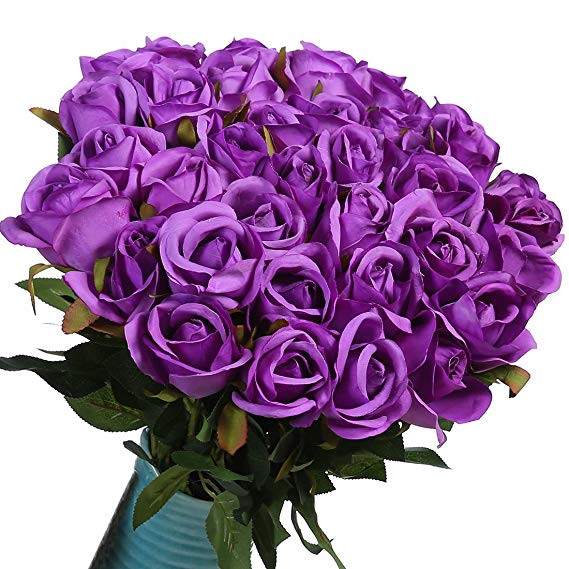Veryhome Artificial Flowers Silk Roses Fake Bridal Wedding Bouquet for Home Garden Party Floral Decor 10 Pcs (Purple Straight stem)