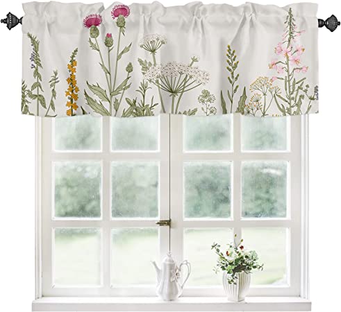 YOKOU Kitchen Curtain Valance, Dandelion Flower Leaves Vintage Spring Daisy Watercolor Floral Botanical Short Rod Pocket Window Curtain for Bedroom, Bathroom, 1 Panel, 54" W x 18" L