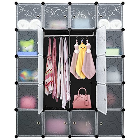 DIY Cube Organizer, Multi-use Modular Shelving Storage, Carttiya Closet Wardrobe with Translucent Doors, Modular Closet System with 2 Hanging Rods for Clothes, Shoes, Toys (20 Cubes)