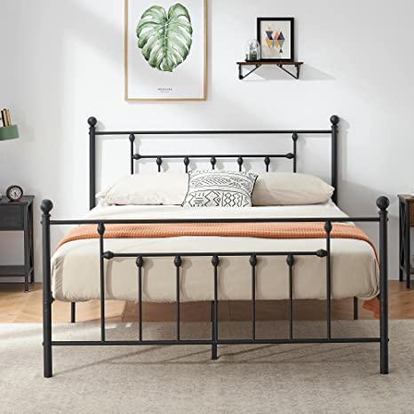 VECELO Queen Size Metal Platform Bed Frame with Headboard and Footboard, Sturdy Steel Slat Support / No Box Spring Needed Mattress Foundation/ Easy Assemble，Victorian Style,Matte Black