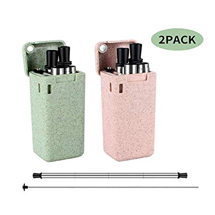 MORICAI 2 pack Collapsible Reusable Straw, Composed of Stainless Steel and Food-Grade Silicone, Portable Set with Hard Case Holder and Cleaning Brush, for Party, Household, Outdoor
