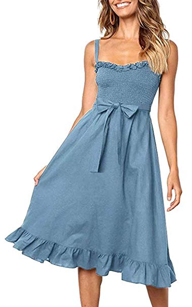 Angashion Women's Dresses - Summer Boho Floral Spaghetti Strap Button Down Belt Swing A line Midi Dress with Pockets