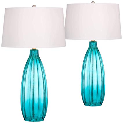 Stella Coastal Table Lamps Set of 2 Fluted Blue Glass White Drum Shade for Living Room Family Bedroom Bedside Nightstand - 360 Lighting