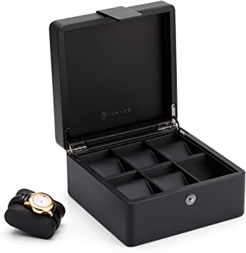 Vlando 6-Slot Watch Box Organiser Collector - Leather Wooden Case and Snap Fastener Closure - Gift for Men Gentlemen (Black)
