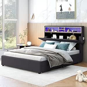 Harper & Bright Designs Full Bed with Storage Headboard, LED, USB Charging and 2 Drawers, Linen Fabric Upholstered Platform Bed Wood Frame, No Box Spring Needed (Full Size, Dark Gray)