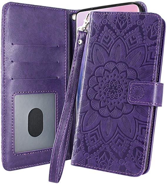 Oneplus 7 Pro Case, Harryshell Kickstand Flip PU Leather Protective Wallet Case Cover with Card Slots Wrist Strap for Oneplus 7 Pro (Dark Purple)