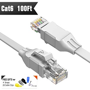 Cat 6 Ethernet Cable 100ft (Latest Unique Patented Design) Flat Internet Network Cable - White Computer LAN Cable with Snagless RJ45 Connectors   Free Cable Clips and Straps for Router Xbox Modem