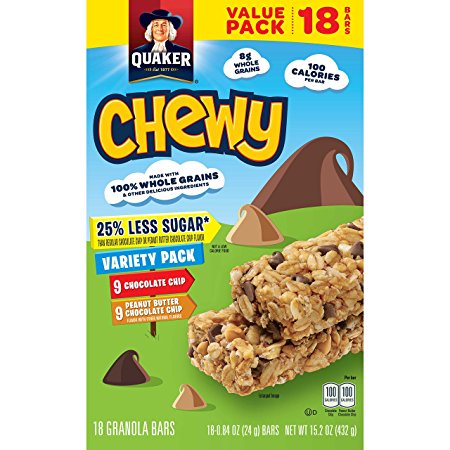 Quaker Chewy Granola Bars, 25% Less Sugar Variety Pack, Snack Bars, Low Sugar, 18 Bars