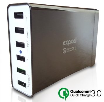 Extremely Fast Charging Quick Charge 3.0 Expicell 6 Port USB charging station with 2 Quick Charge 3.0 USB Ports; For LG G5, Galaxy S6/S7/Edge, HTC 10, iPhone, iPad, and more