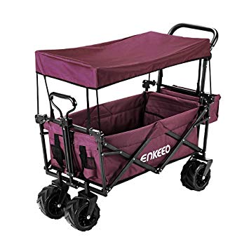 ENKEEO Foldable Utility Wagon Collapsible Sports Outdoor Cart with Removable Canopy, Large Capacity and Tilting Handle for Camping Beach Sporting Events Concerts, Red