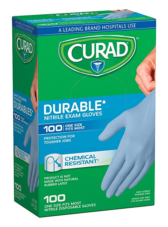 Curad Nitrile Disposable Exam Gloves, Durable and Chemical Resistant, Powder Free, One Size Fits Most (Pack of 10), Great for medical use, first aid, cleaning, pet care