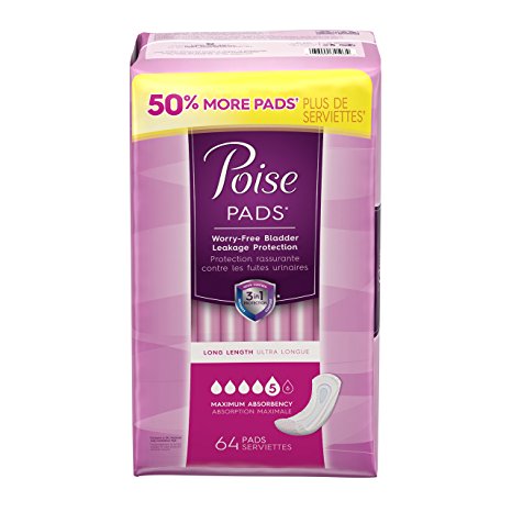 Poise Incontinence Pads, Maximum Absorbency, Long, 64 Count