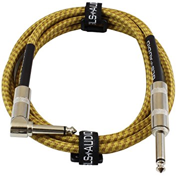 GLS Audio 6 Foot Guitar Instrument Cable - Right Angle 1/4-Inch TS to Straight 1/4-Inch TS 6 FT Brown Yellow Tweed Cloth Jacket - 6 Feet Pro Cord 6' Phono 6.3mm - SINGLE
