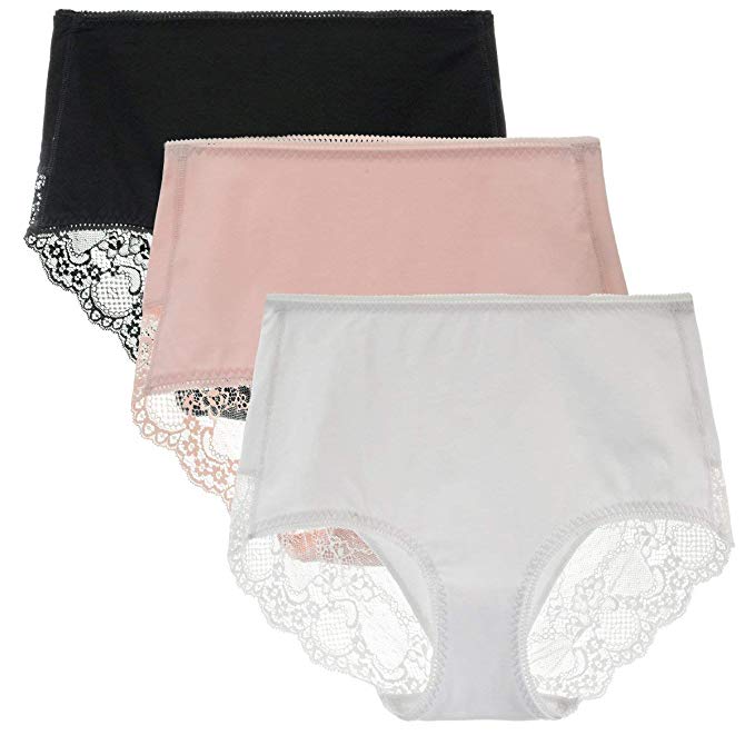 LIQQY Women's 3 Pack Comfort Cotton Lace Coverage Full Rise Briefs Underwear