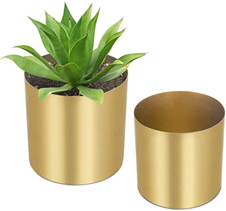 MyGift Decorative Cylindrical Brass-Tone Brushed Metal Vases, Set of 2