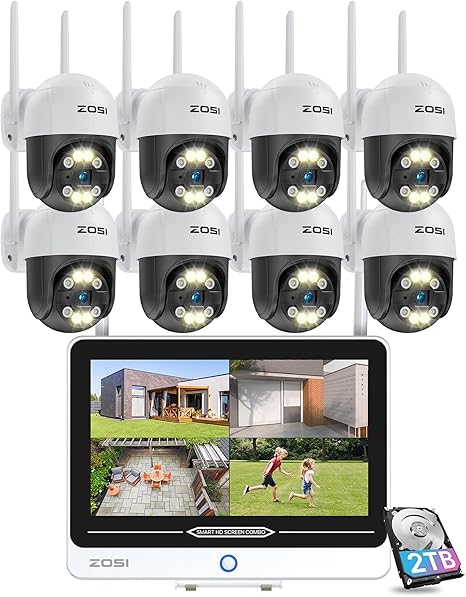 ZOSI 2K Wireless Security Camera System with 12.5in LCD Monitor,Night Vision,Human Detection,2 Way Audio,8pcs 3MP Outdoor Indoor Pan/Tilt Cameras,8CH Home WiFi NVR with 2TB HDD for 24/7 Recording