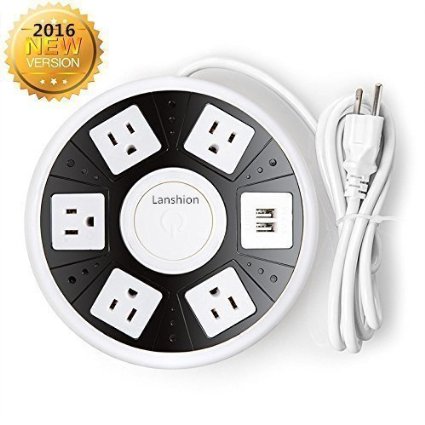 Power Strip Lanshion Smart 5-Outlet with 2-USB UFO Shape Surge Protector Power Strip with 65 ft Cord Black and White